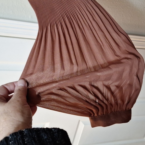 Express Pleated Dress Shirt Sz.L Brown Sheer Vneck Ballon Sleeves - Picture 5 of 14